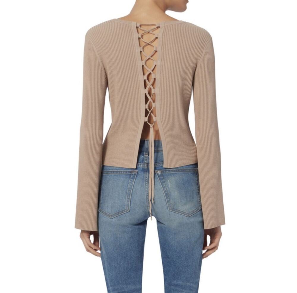 INTERMIX Mia Lace-Up Back Rib Knit Top Sweater Nude Size Small